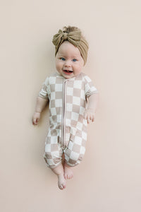 Bamboo Shorty Romper | Latte Checkered