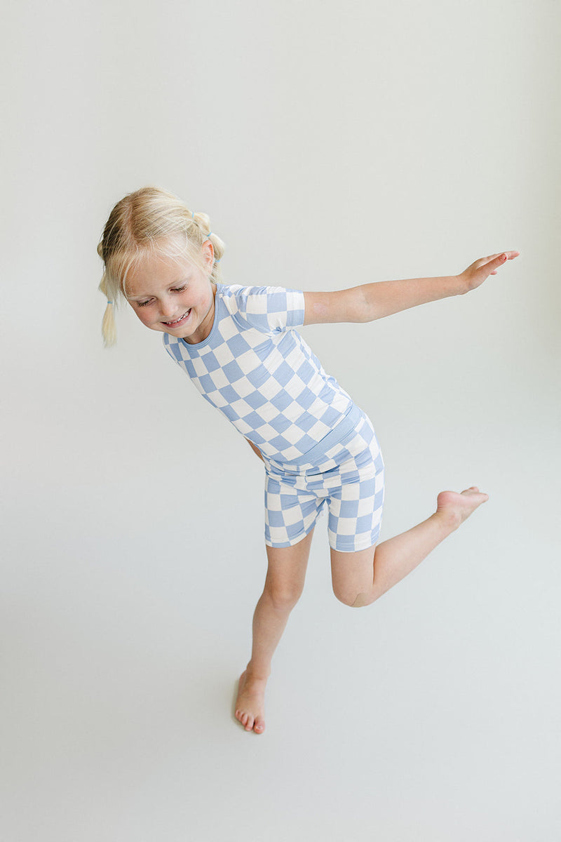 Bamboo Two Piece Shorts Set | Blue Checkered