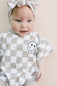 Short Sleeve Bubble Romper | Checkered Smiley Latte