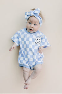 Short Sleeve Bubble Romper | Checkered Smiley Blue