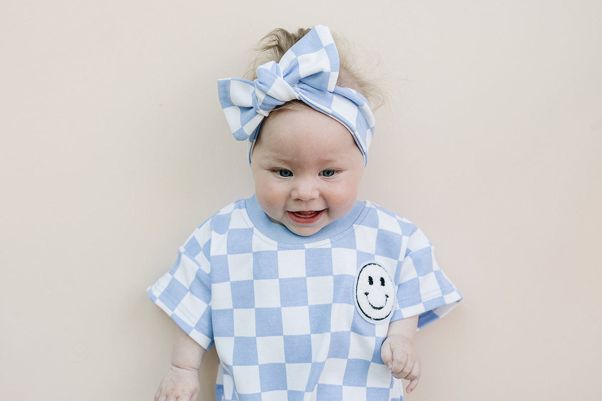 Short Sleeve Bubble Romper | Checkered Smiley Blue