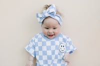 Short Sleeve Bubble Romper | Checkered Smiley Blue