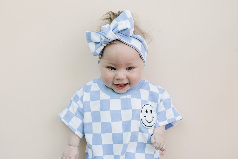 Short Sleeve Bubble Romper | Checkered Smiley Blue