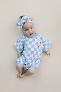 Short Sleeve Bubble Romper | Checkered Smiley Blue