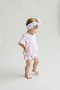 Short Sleeve Bubble Romper | Checkered Smiley Pink