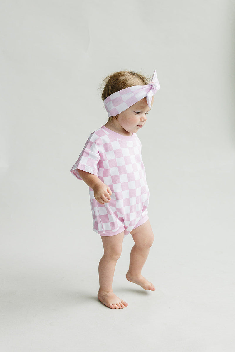 Short Sleeve Bubble Romper | Checkered Smiley Pink