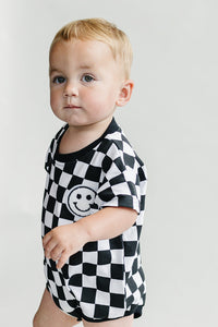 Short Sleeve Bubble Romper | Checkered Smiley Black