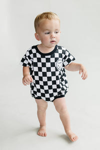 Short Sleeve Bubble Romper | Checkered Smiley Black
