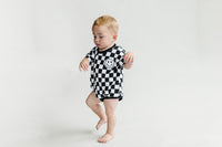 Short Sleeve Bubble Romper | Checkered Smiley Black
