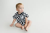 Short Sleeve Bubble Romper | Checkered Smiley Black