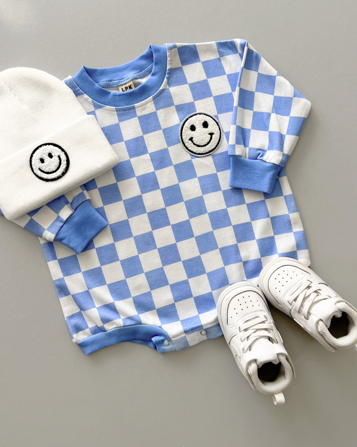 Bubble Romper | Checkered Smiley Blue