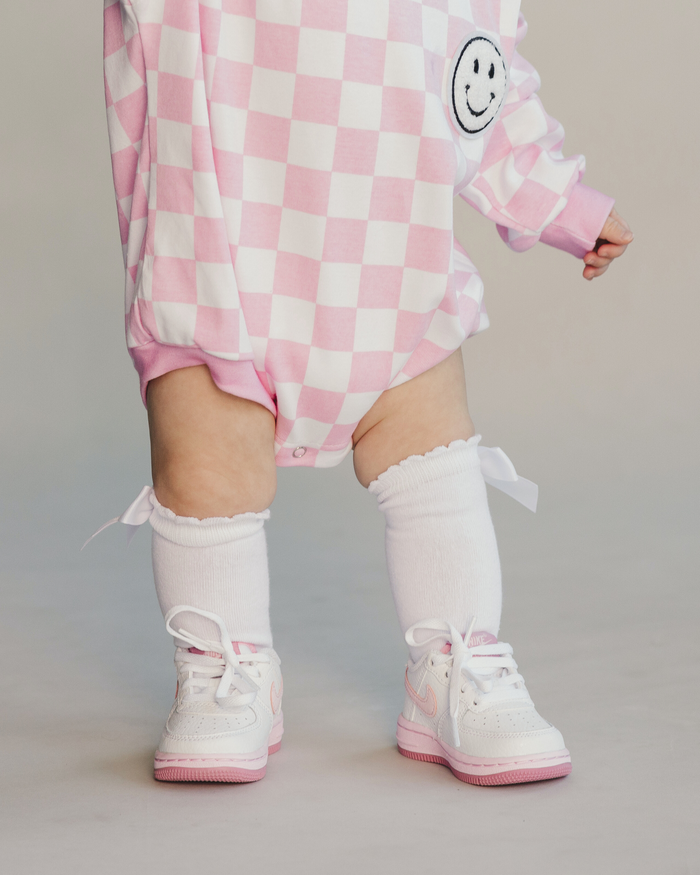 Bubble Romper | Checkered Smiley Pink