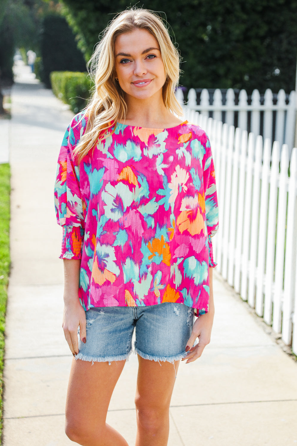 Vacay Vibes Fuchsia Smocked Sleeve Round Neck Dolman Top