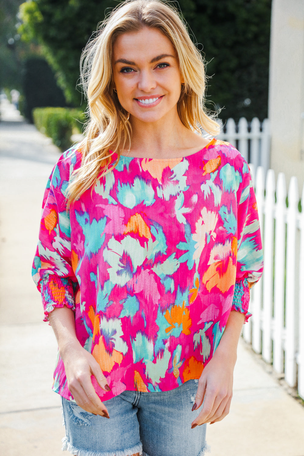 Vacay Vibes Fuchsia Smocked Sleeve Round Neck Dolman Top