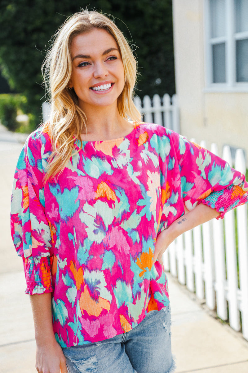 Vacay Vibes Fuchsia Smocked Sleeve Round Neck Dolman Top