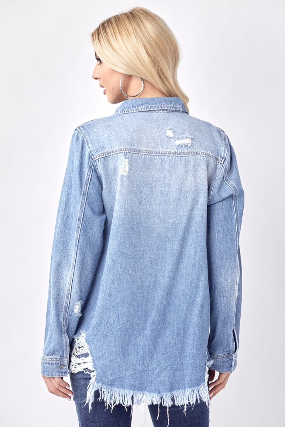 RISEN Button Up Distressed Denim Shirt - Mack and Mav Boutique 