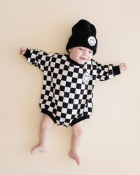 Bubble Romper | Checkered Smiley Black