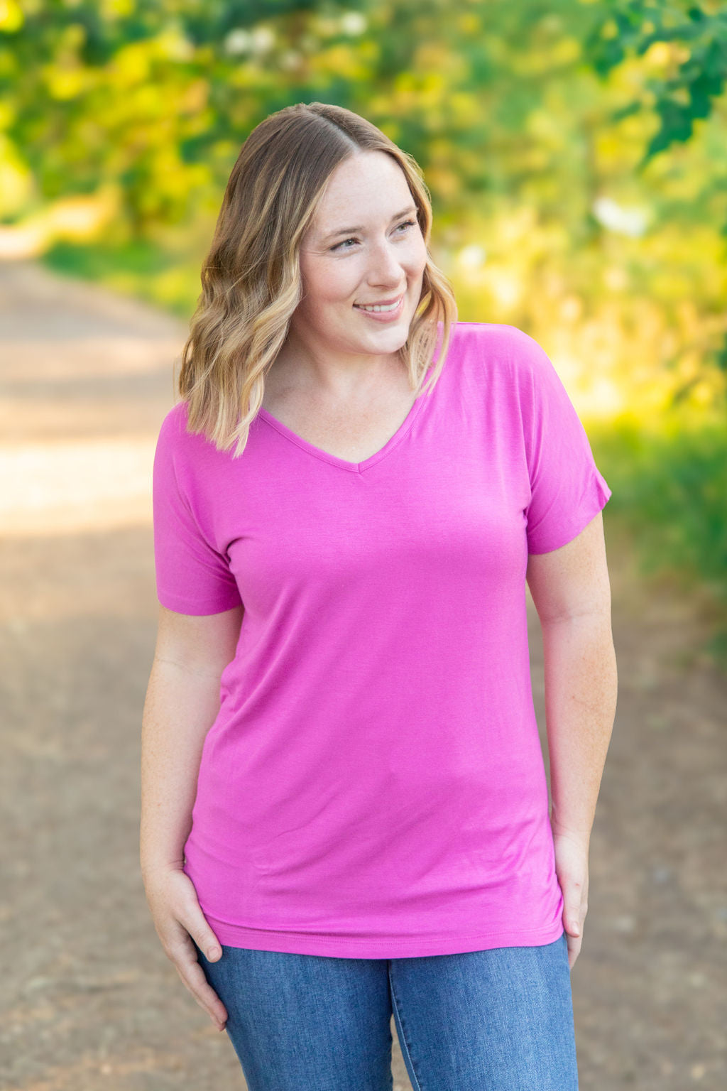 IN STOCK Chloe Cozy Tee - Magenta | Women's V-Neck Top