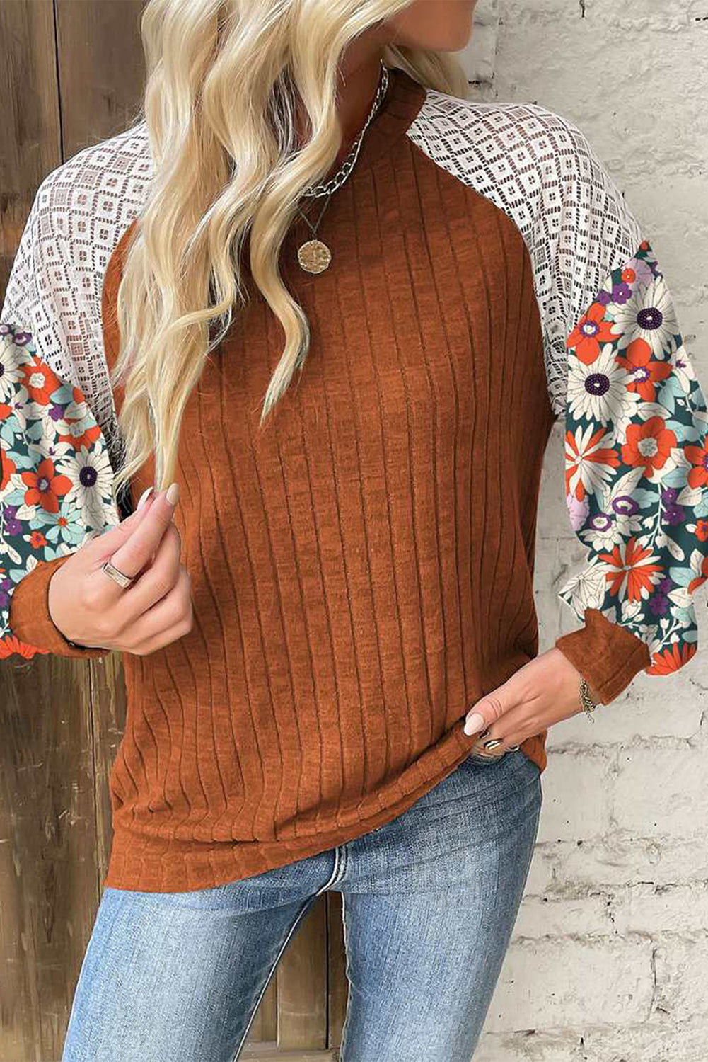 Ribbed Floral Sleeve Top