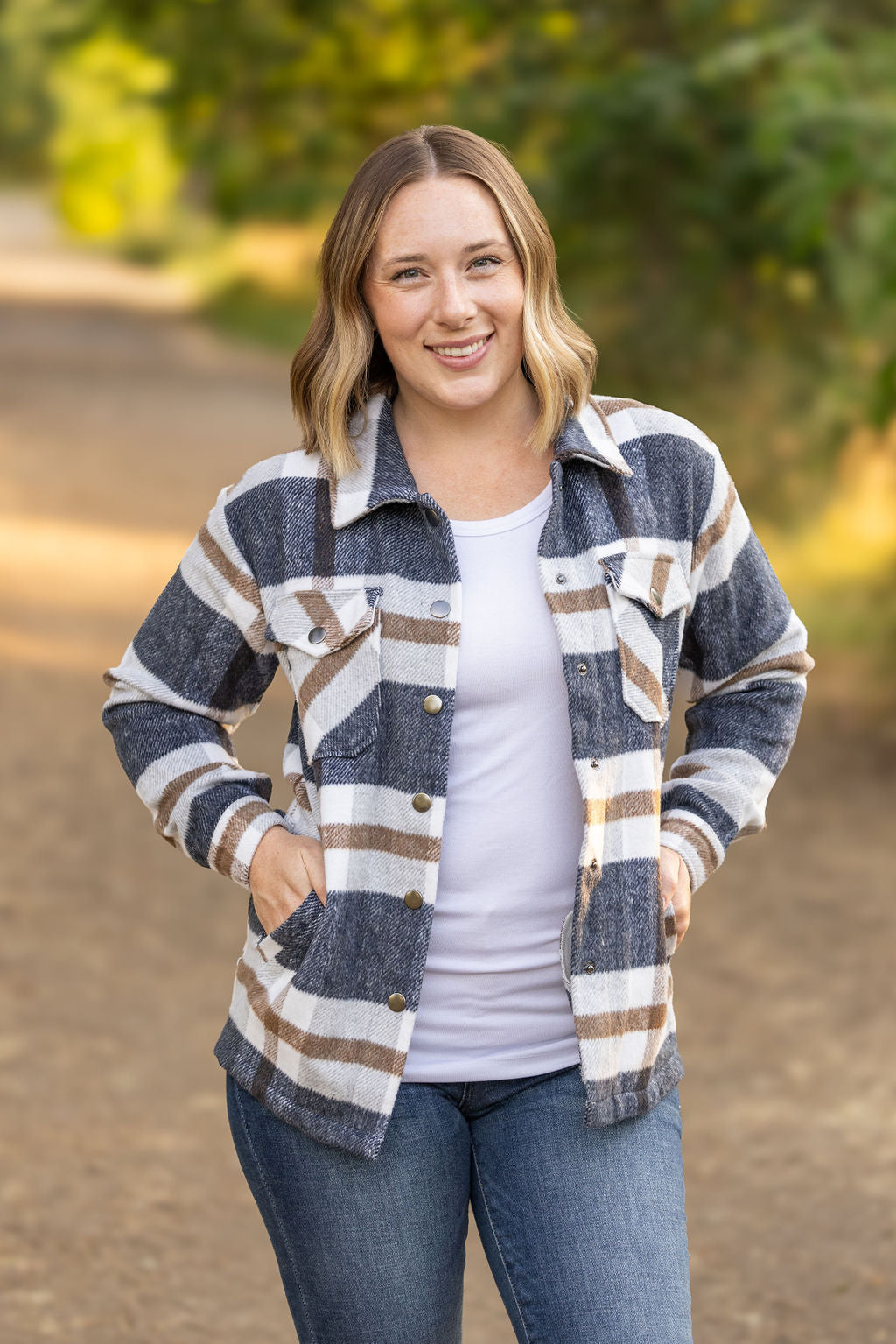 IN STOCK Norah Plaid Shacket - Navy and Tan | Women's Shacket FINAL SALE