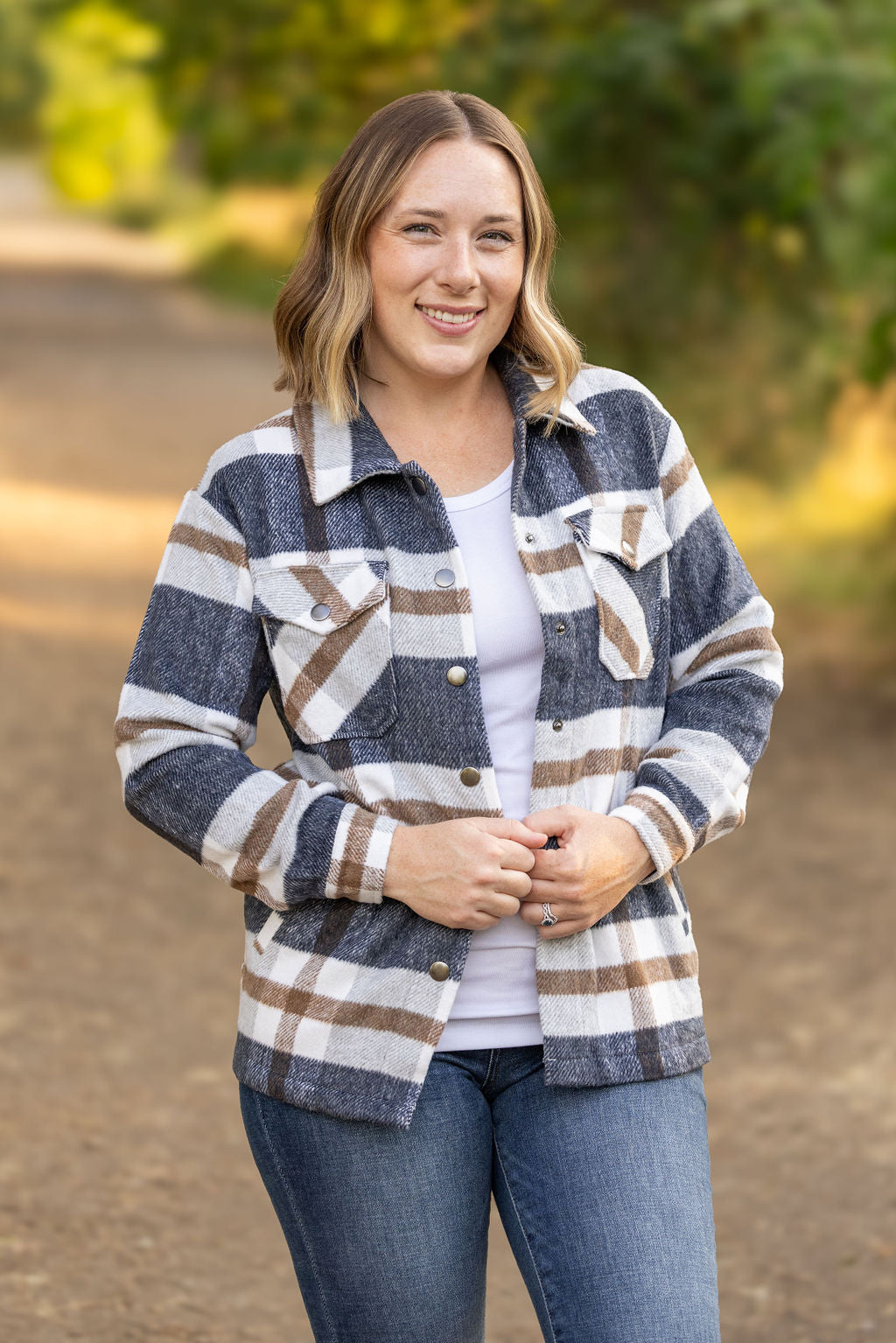 IN STOCK Norah Plaid Shacket - Navy and Tan | Women's Shacket FINAL SALE