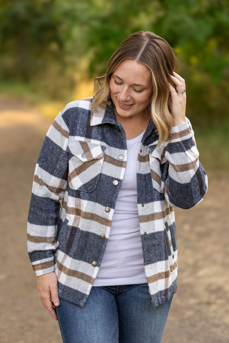 IN STOCK Norah Plaid Shacket - Navy and Tan | Women's Shacket FINAL SALE