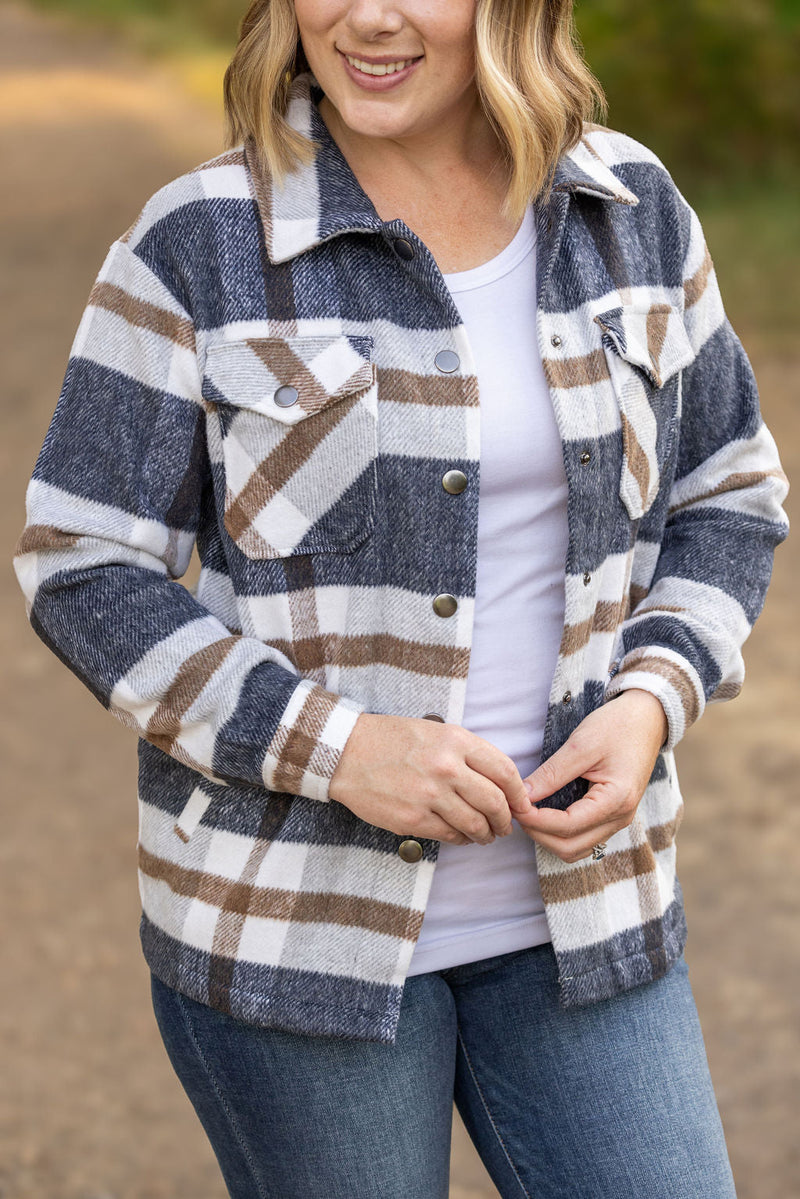 IN STOCK Norah Plaid Shacket - Navy and Tan | Women's Shacket FINAL SALE