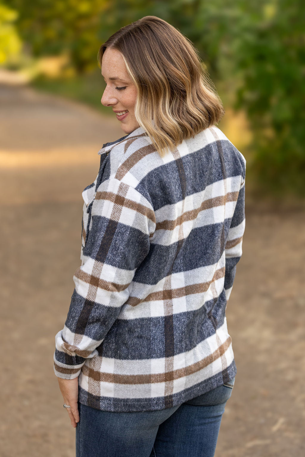 IN STOCK Norah Plaid Shacket - Navy and Tan | Women's Shacket FINAL SALE