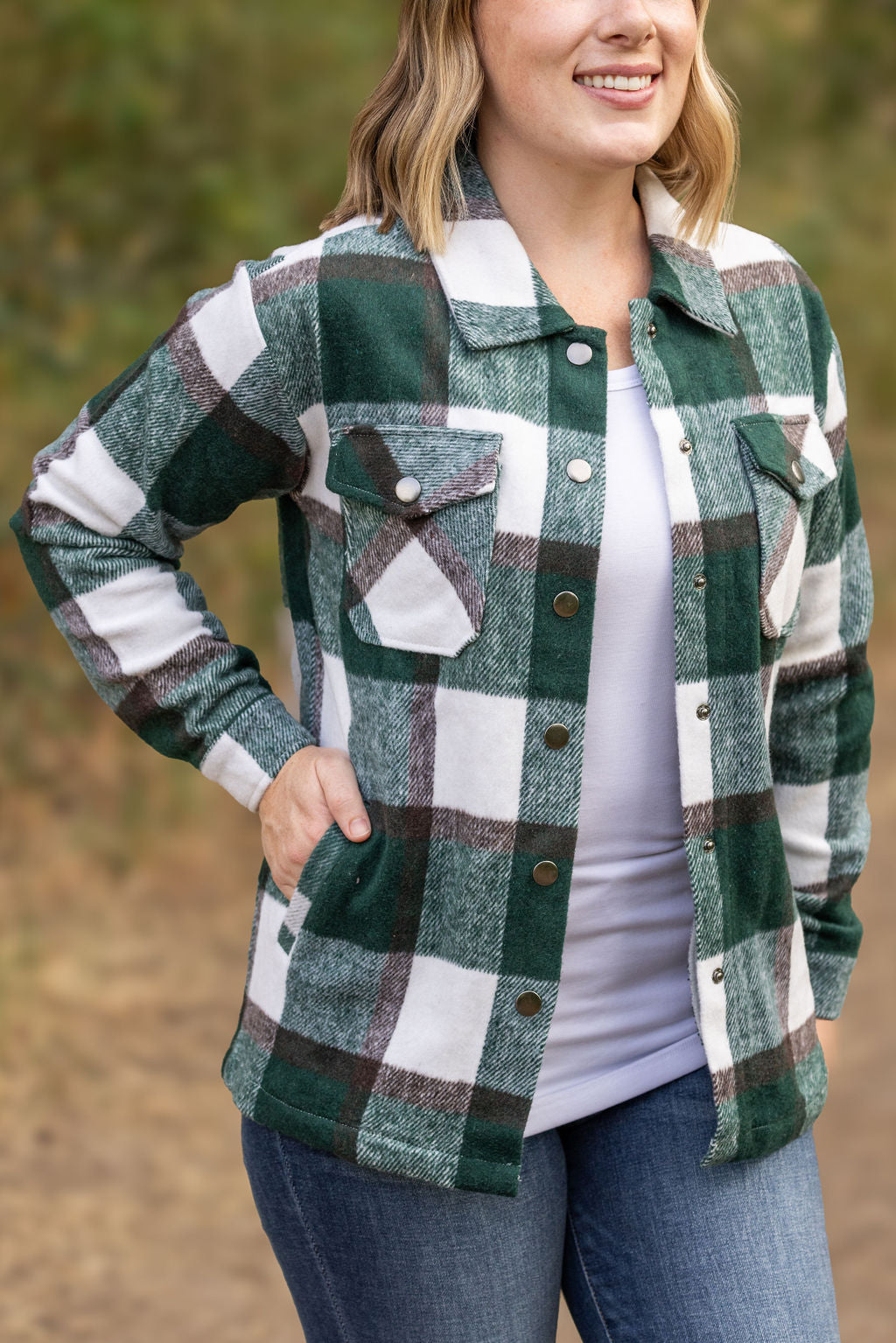 IN STOCK Norah Plaid Shacket - Evergreen and White