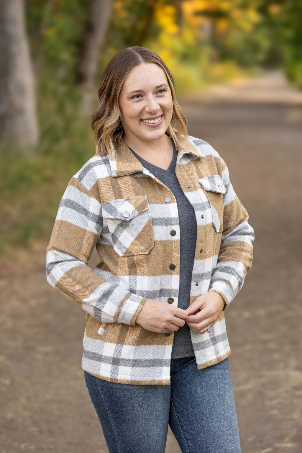 IN STOCK Norah Plaid Shacket - Camel and Grey FINAL SALE