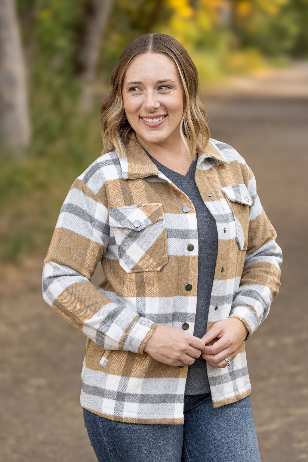 plaid camel and grey womens shacket