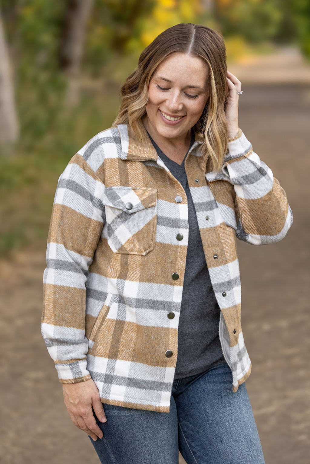 IN STOCK Norah Plaid Shacket - Camel and Grey FINAL SALE