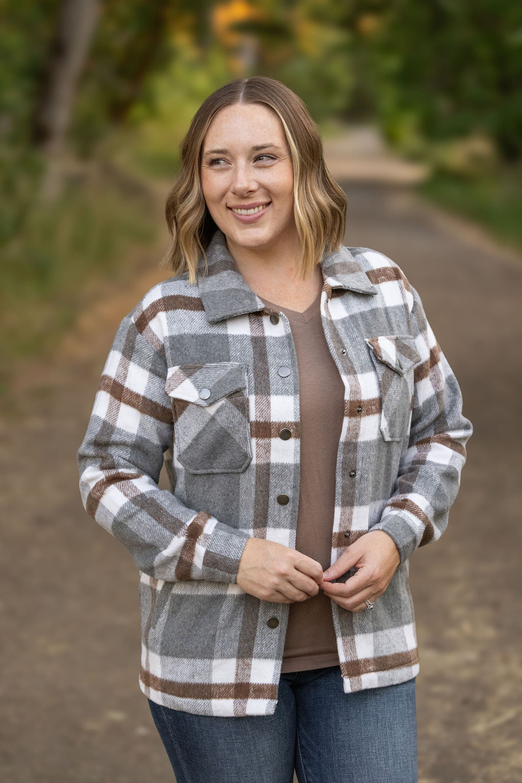 IN STOCK Norah Plaid Shacket - Grey and Tan | Women's Shacket