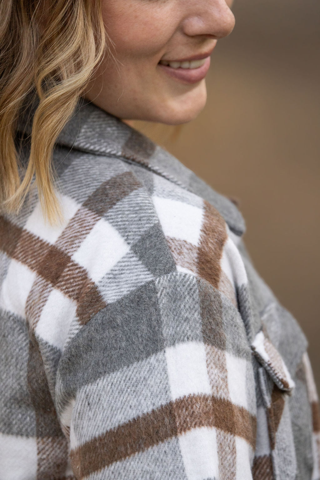 IN STOCK Norah Plaid Shacket - Grey and Tan | Women's Shacket