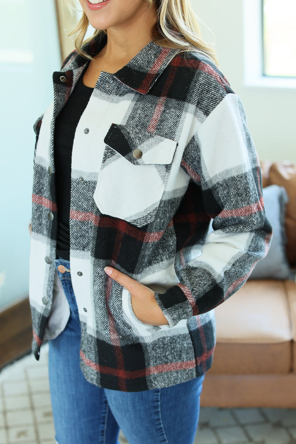 IN STOCK Norah Plaid Shacket - Black and Micro Red Mix