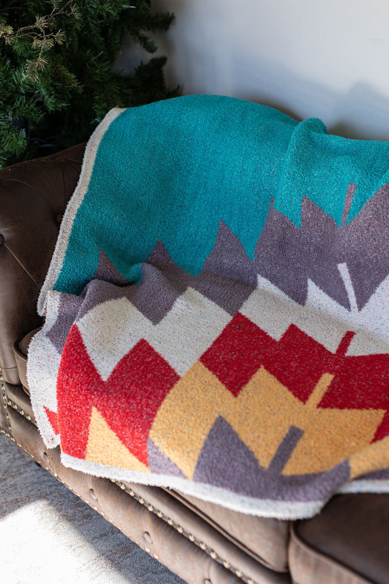 IN STOCK Plush and Fuzzy Blanket - Large Teal Aztec - Mack and Mav Boutique 