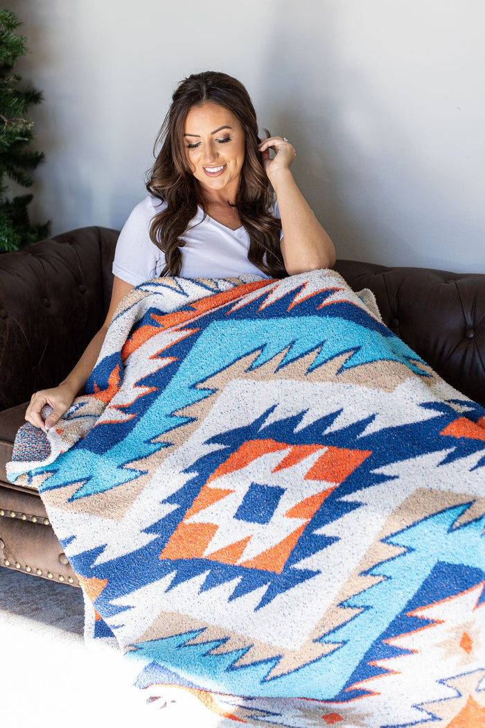 IN STOCK Plush and Fuzzy Blanket - Teal Mix Aztec - Mack and Mav Boutique 