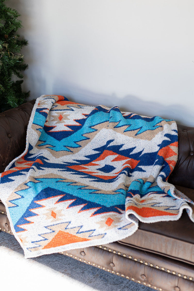 IN STOCK Plush and Fuzzy Blanket - Teal Mix Aztec - Mack and Mav Boutique 