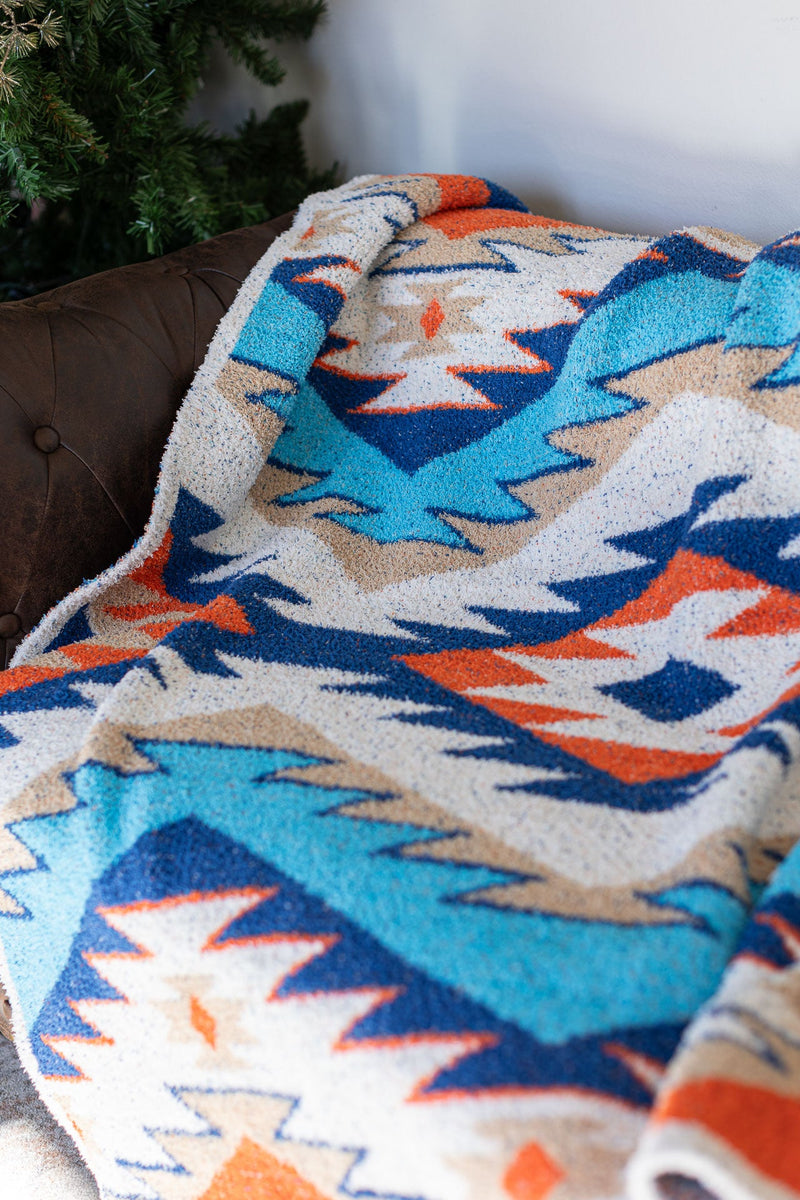 IN STOCK Plush and Fuzzy Blanket - Teal Mix Aztec - Mack and Mav Boutique 