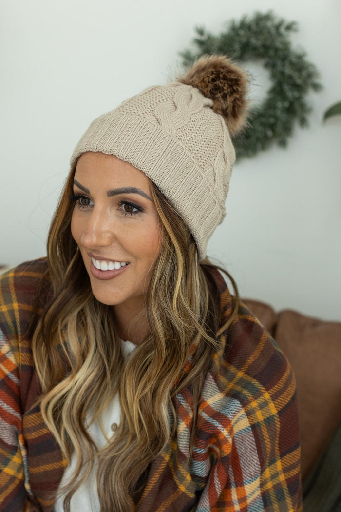 IN STOCK Carly Cable Knit Beanie - Tan - Mack and Mav Boutique 