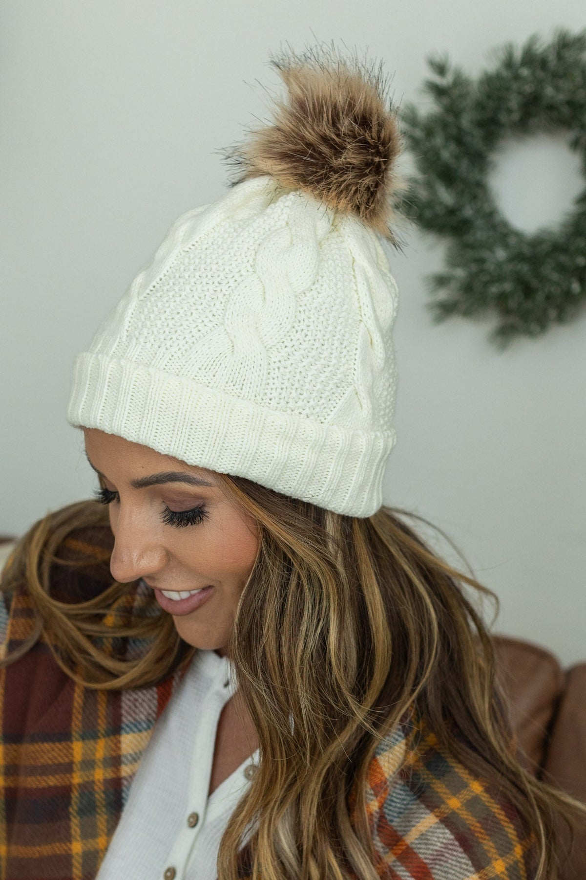 IN STOCK Carly Cable Knit Beanie - Ivory - Mack and Mav Boutique 