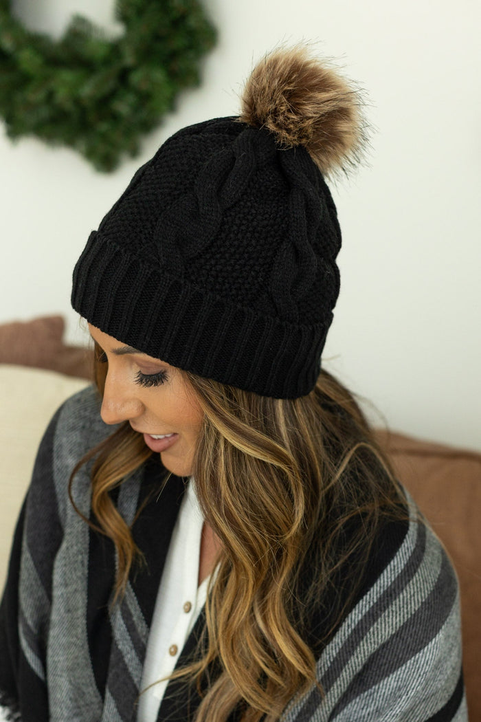 IN STOCK Carly Cable Knit Beanie - Black - Mack and Mav Boutique 