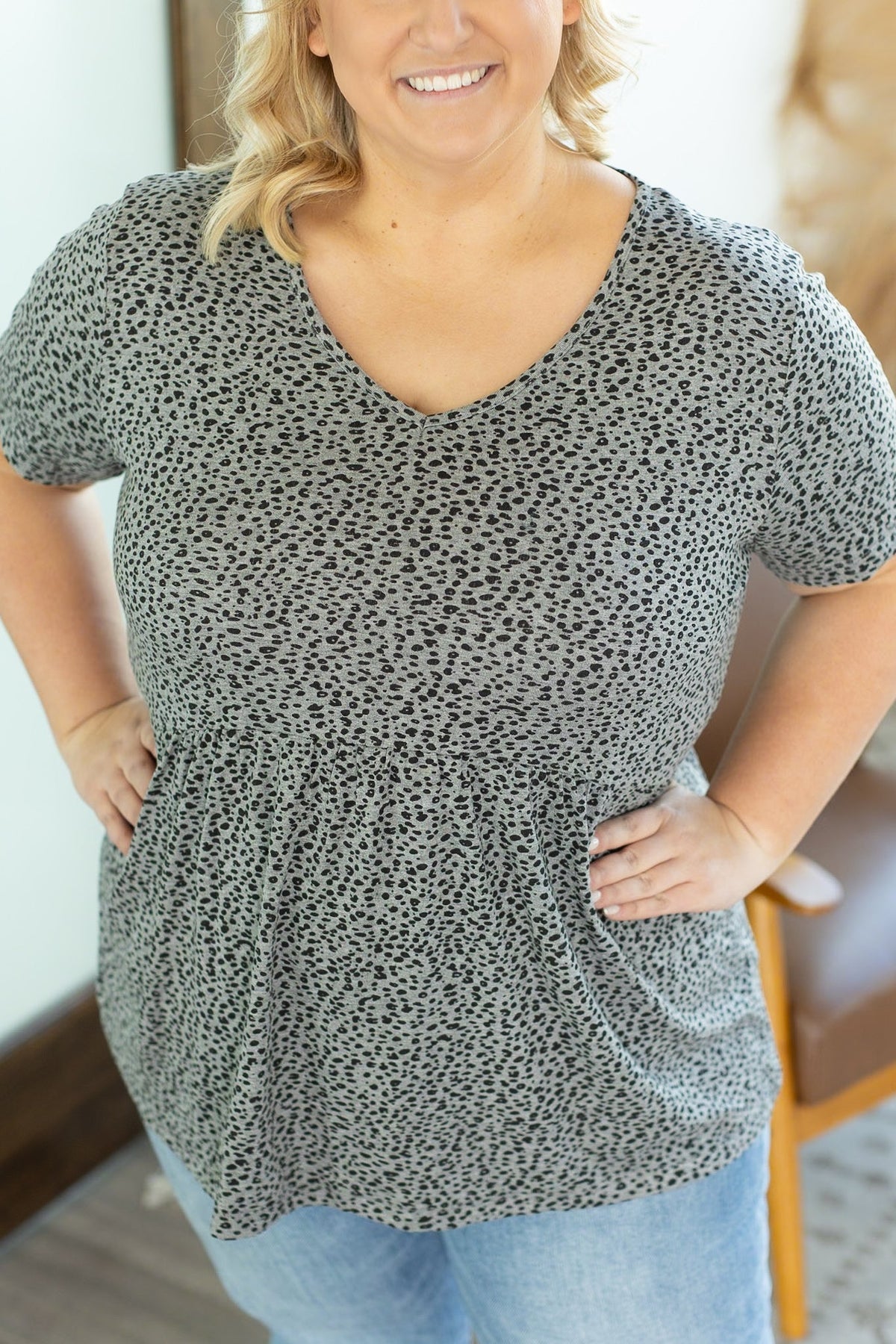 IN STOCK Sarah Ruffle Top - Grey Leopard - Mack and Mav Boutique 