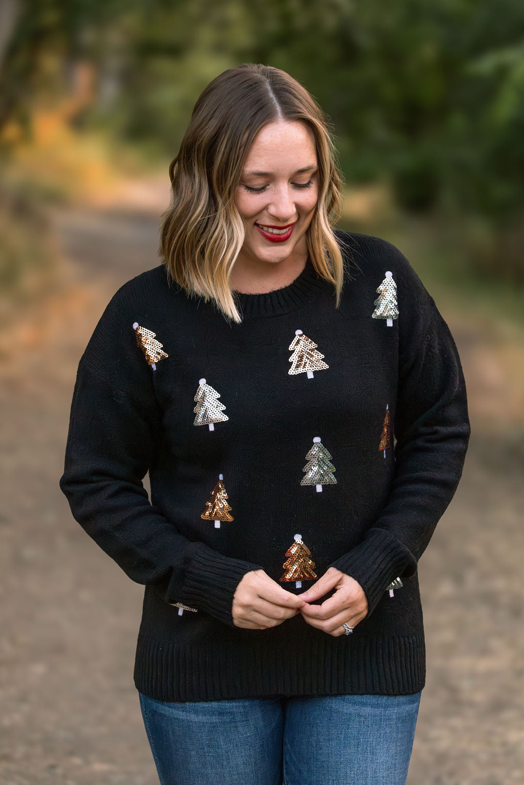 IN STOCK Holly Jolly Sweater - Gold + Silver Trees