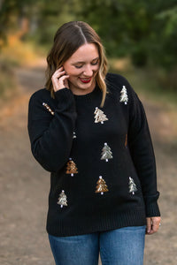 IN STOCK Holly Jolly Sweater - Gold + Silver Trees