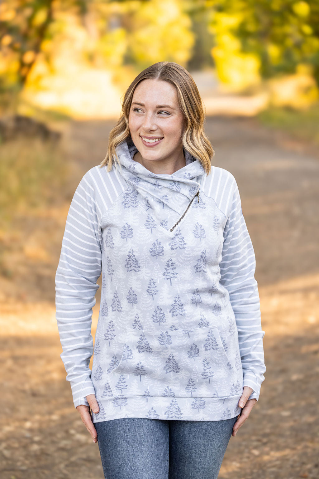 IN STOCK Classic Zoey ZipCowl Sweatshirt - Grey Trees and Stripes