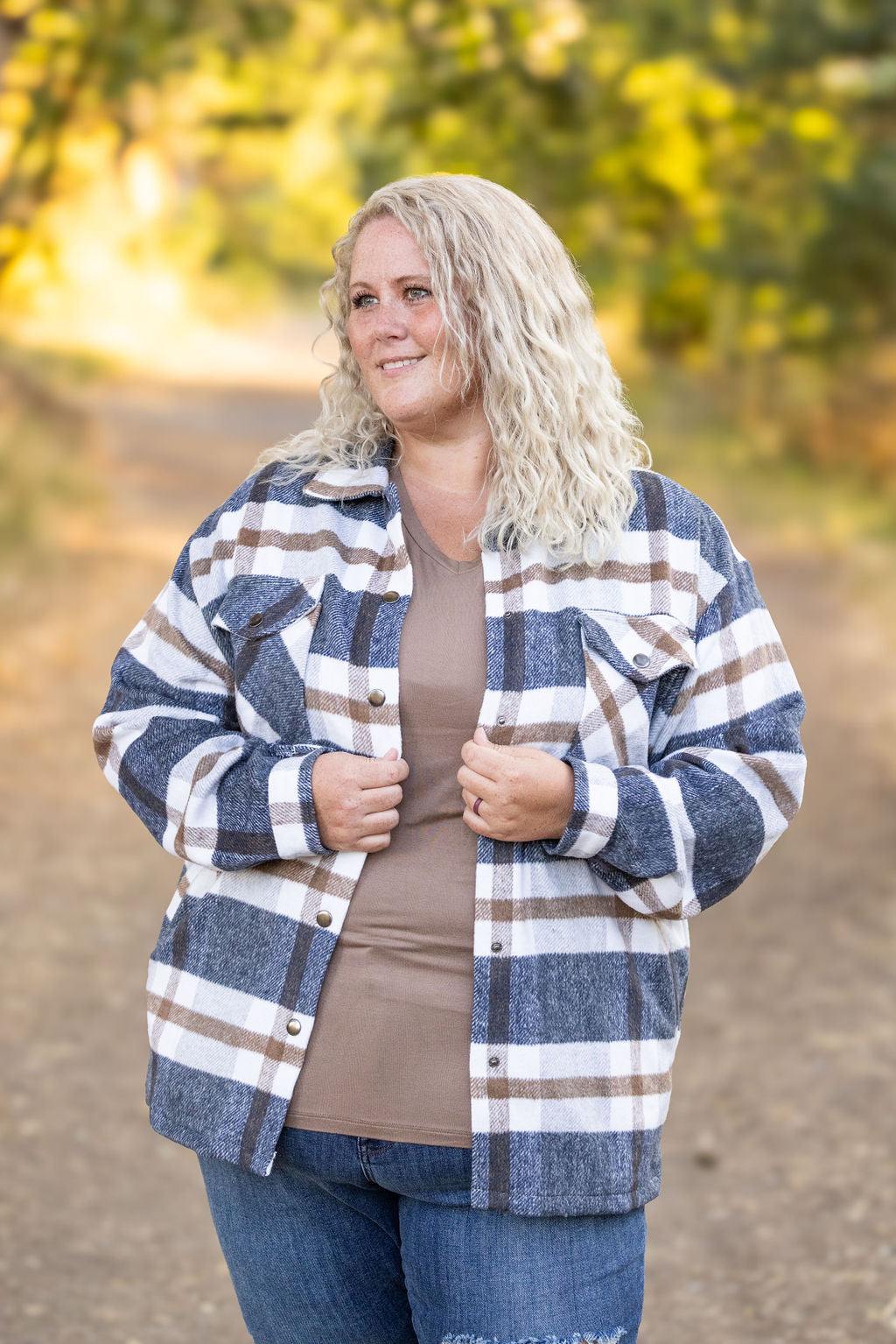 IN STOCK Norah Plaid Shacket - Navy and Tan | Women's Shacket FINAL SALE