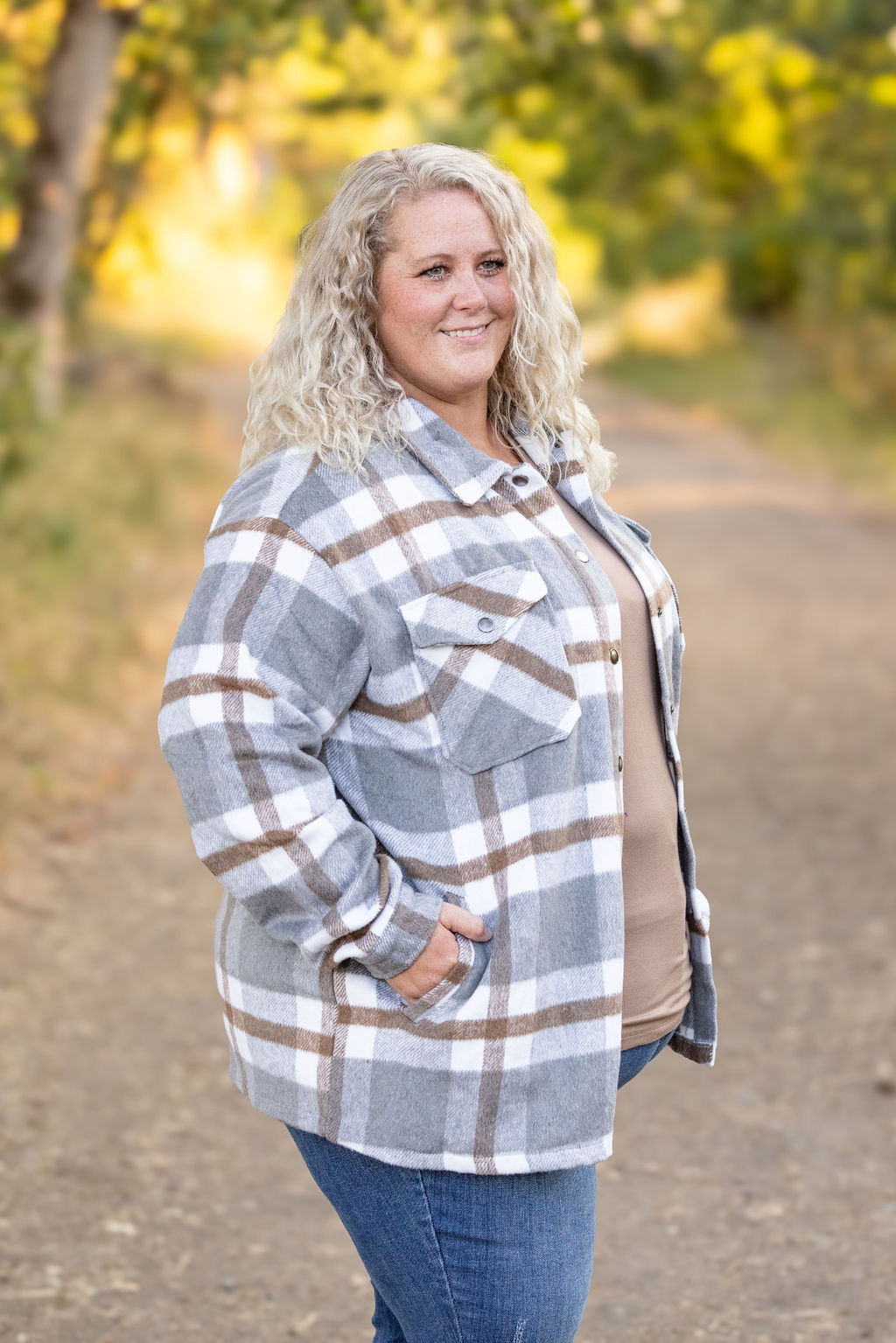 IN STOCK Norah Plaid Shacket - Grey and Tan | Women's Shacket