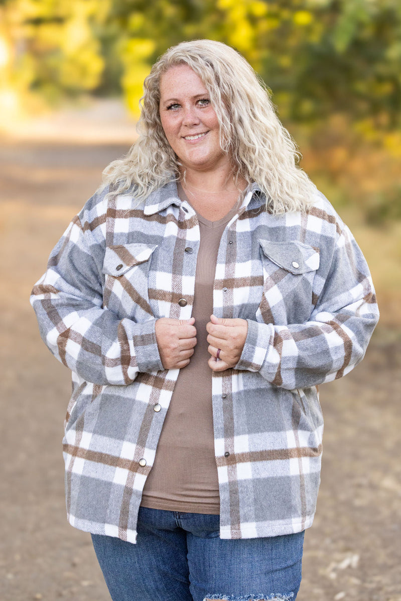 IN STOCK Norah Plaid Shacket - Grey and Tan | Women's Shacket