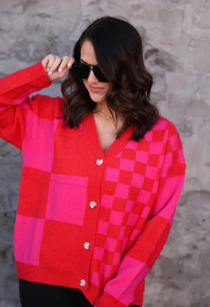 **Pre-Order** Pink & Red Checkered Cardigan